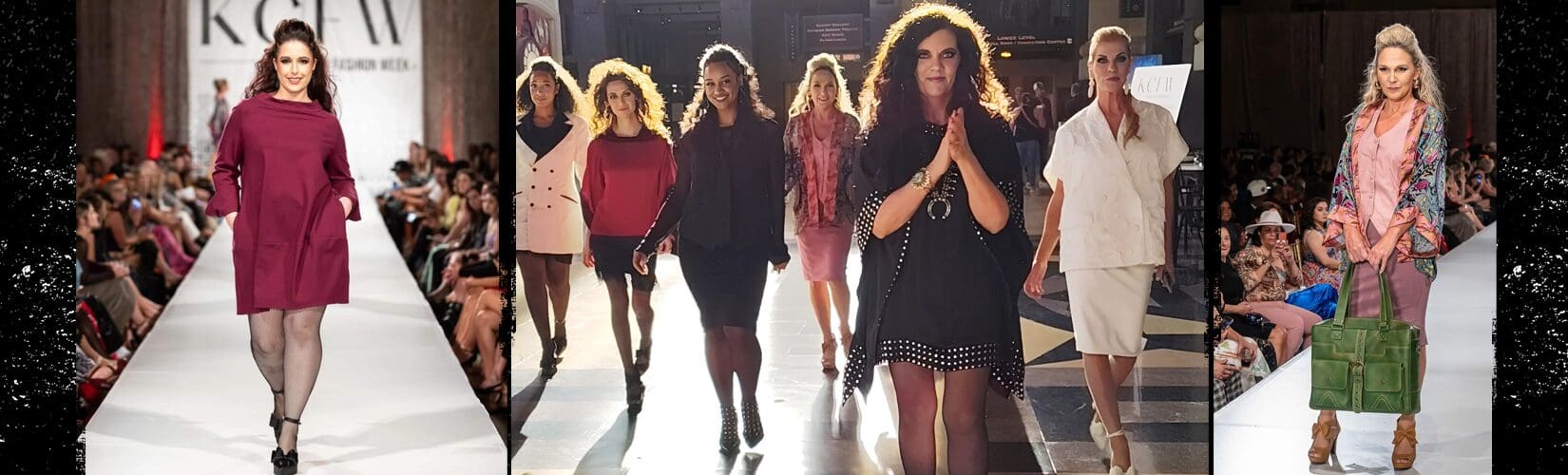 Fashion show models on runway.