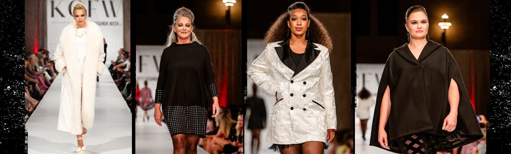 Fashion show models in diverse outfits.