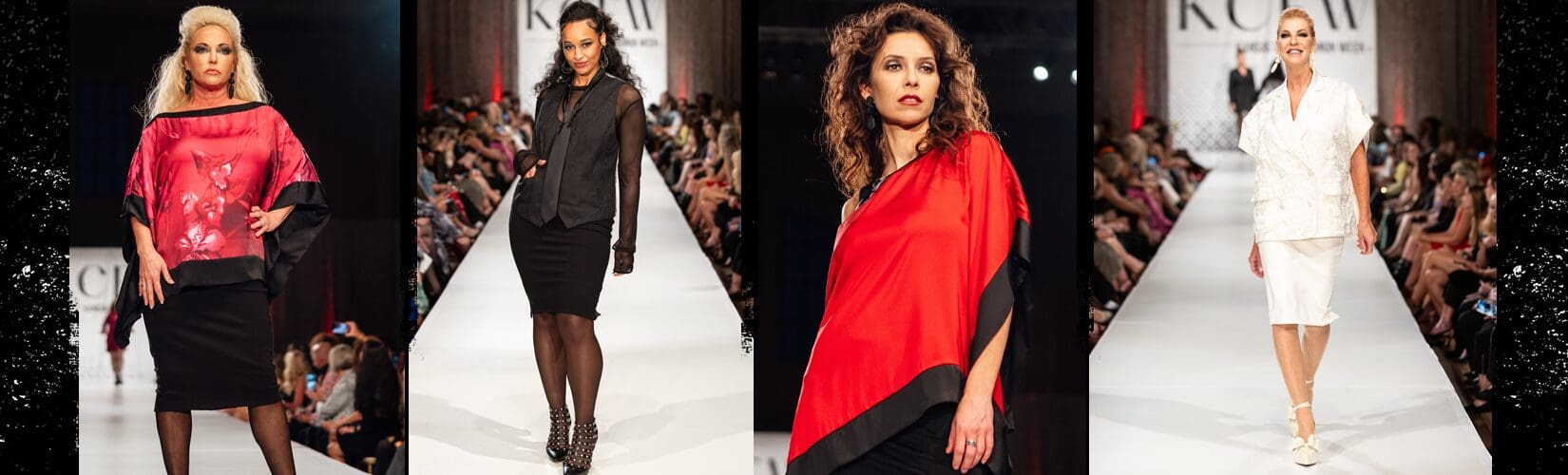 Fashion show models in runway attire.